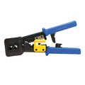 Crimping tool for RJ11/12/45 connectors with open end, with cutter