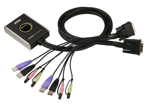 Naar omschrijving van 61652C - ATEN Petite CS682 KVM Switch, 2-port, DVI-D, USB, Audio, integrated cable
