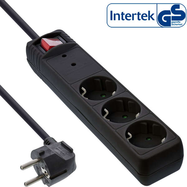Naar omschrijving van 16431P - InLine Power strip, black, 3-fold with overload protection, 3x Schutzkontakt, with on/off switch, 1,5m supply cable, with child safety