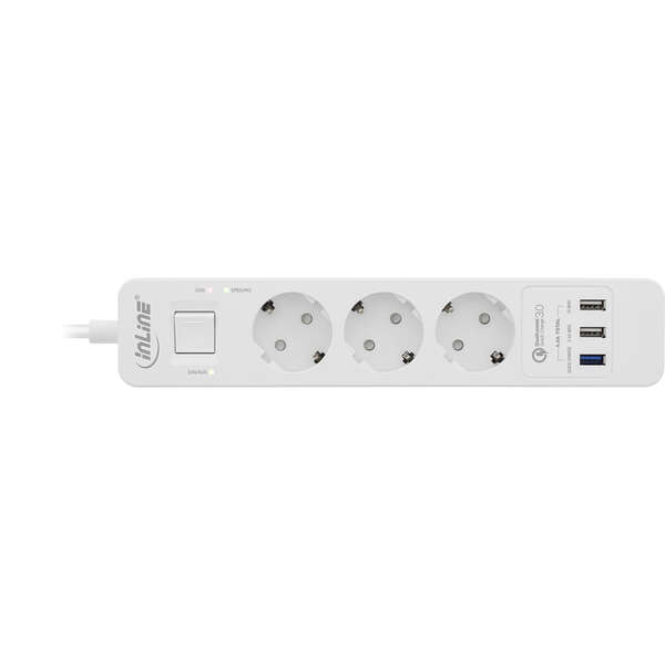 Naar omschrijving van 16491 - InLine® Socket strip, 3-way CEE 7/3, with protection and USB QC3.0, white