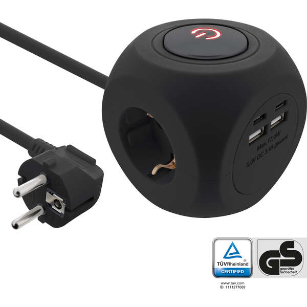 Naar omschrijving van 16499B - InLine® Charging Cube, 3x earthing contact, 2x USB-C, 2x USB-A, black, 2m