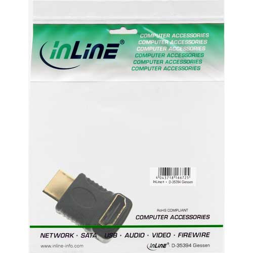 Naar omschrijving van 17600F - InLine  HDMI Adapter, Male/Female, gewinkelt oben, vergulde contacten
