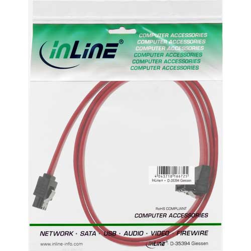 Naar omschrijving van 27707V - InLine SATA kabel,  met vergrendeling, een zijde 90gr haaks, 0.7m