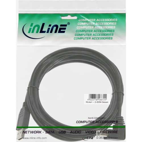 Naar omschrijving van 34535U - InLine USB 2.0 Kabel,  A an B connector in 90 graden, zwart, 3m