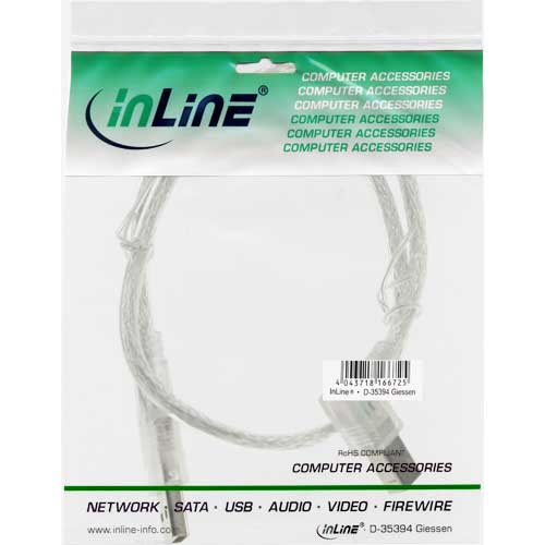 Naar omschrijving van 34521R - InLine USB 2.0 Kabel, A an B rechts abgewinkelt, transparent, 3m