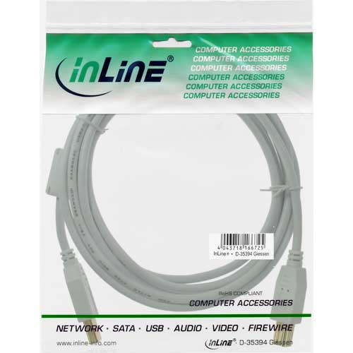 Naar omschrijving van 34535W - InLine USB 2.0 kabel,  A naar B, wit/goud, met ferrietkern, 3m