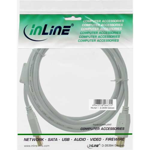 Naar omschrijving van 34555W - InLine USB 2.0 kabel,  A naar B, wit/goud, met ferrietkern, 5m