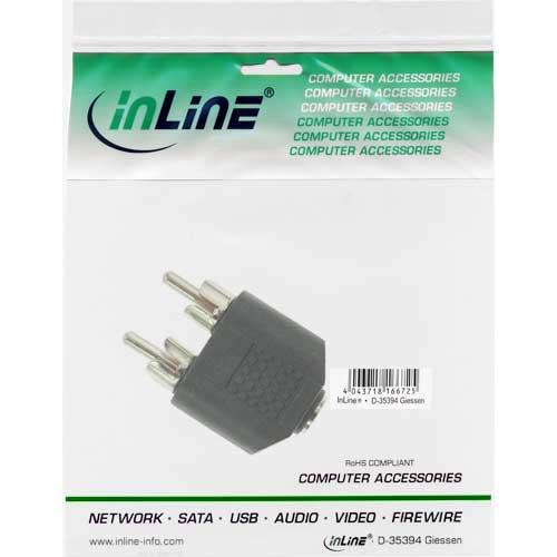 Naar omschrijving van 99343 - InLine Audio adapter,  3.5mm jack contraplug stereo naar 2x Tulpplug