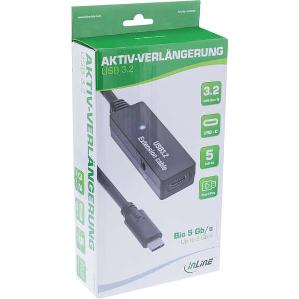 Naar omschrijving van 35650C - InLine USB 3.2 Gen.1 active extension, USB-C male to USB-C female, 5m