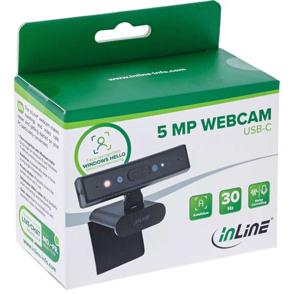 Naar omschrijving van 55365 - InLine® 5MP webcam, USB-C, autofocus, Windows Hello, privacy shutter