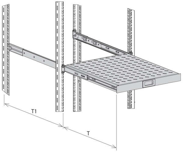 Naar omschrijving van 691651ATS-10 - Uitschuifbaar plateau zwart, 1HE, max 30kg, 750mm, voor 1000mm diepe kast