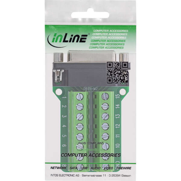 Naar omschrijving van 92502A - InLine D-Sub 15 terminal block, female, 2-row, screw terminal, screw lock