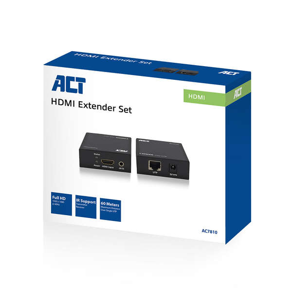 Naar omschrijving van AC7810 - ACT HDMI extender set, single Cat6, 60 meter, 3D and IR support