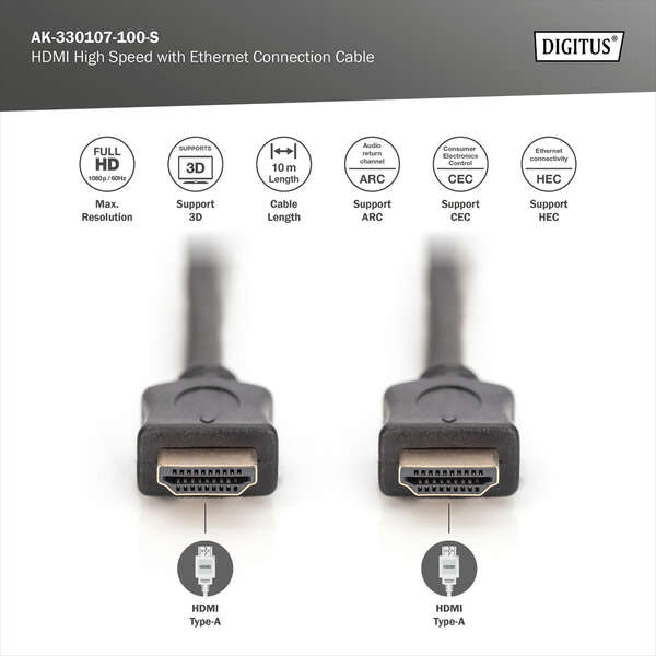 Naar omschrijving van AK-330107-100-S - HDMI High Speed Connection Cable, Type A M/M, 10.0m, Full HD, 1080P@60Hz, gold, bl