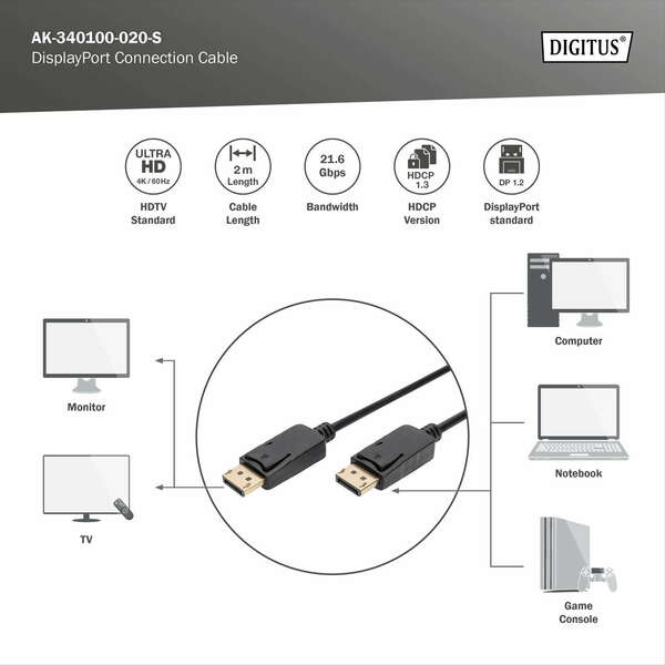 Naar omschrijving van AK-340100-020-S - DisplayPort Connection Cable, Type DP M/M, 2.0m, w/interlock, UHD 4K, DP 1.2, bl