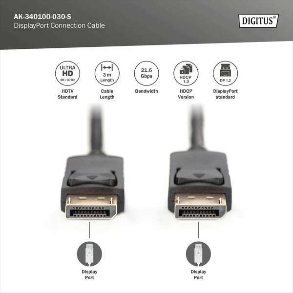 Naar omschrijving van AK-340100-030-S - DisplayPort Connection Cable, Type DP M/M, 3.0m, w/interlock, UHD 4K, DP 1.2, bl