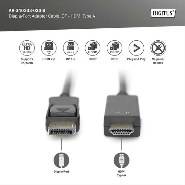Naar omschrijving van AK-340303-020-S - DisplayPort Adapter Cable, Type DP-HDMI A M/M, 2.0m, w/lock,4K@60Hz, DP 1.2, HDMI 2.0, bl