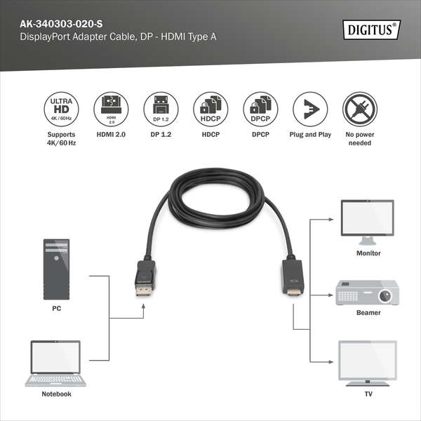 Naar omschrijving van AK-340303-020-S - DisplayPort Adapter Cable, Type DP-HDMI A M/M, 2.0m, w/lock,4K@60Hz, DP 1.2, HDMI 2.0, bl