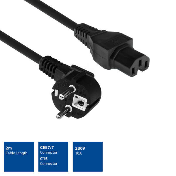 Naar omschrijving van AK5313 - ACT Netsnoer Schuko CEE 7/7 male (haaks) - C15 IEC 60320 zwart 2 m
