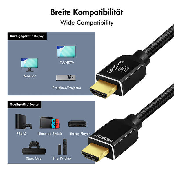 Naar omschrijving van CH0111 - HDMI cable, A/M to A/M, 8K/60 Hz, 48 Gbps, metal, nylon, certified, black, 2 m
