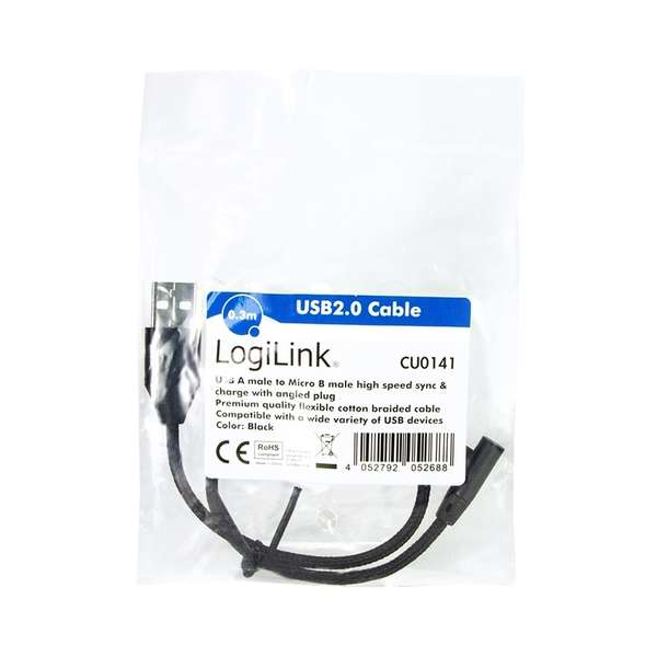 Naar omschrijving van CU0141 - USB 2.0 cable, USB-A/M to Micro-USB/M (90°),fabric,metal,black, 0.3 m