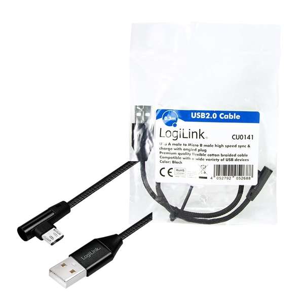 Naar omschrijving van CU0141 - USB 2.0 cable, USB-A/M to Micro-USB/M (90°),fabric,metal,black, 0.3 m