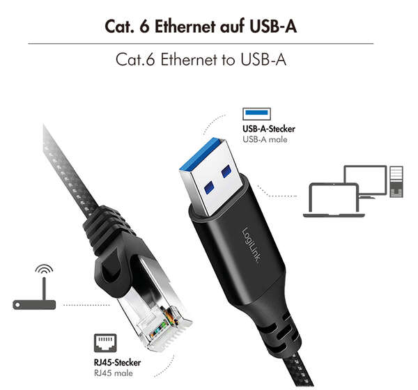 Naar omschrijving van CU0401 - USB 3.0 Ethernet cable, A/M to RJ45/M, 1 Gbps, active, black/grey, 1.5 m