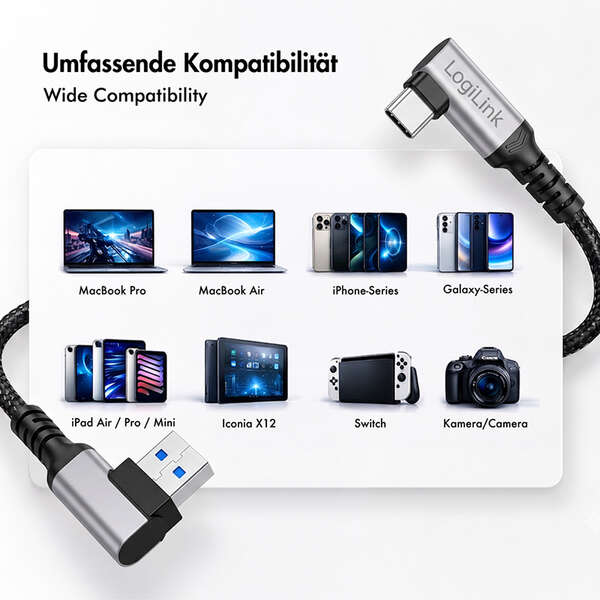 Naar omschrijving van CU0473 - USB 3.2 Gen1 Type-C cable, A/M 90°toC/M 90°, 5Gbps,60W,metal,silver/black,2 m
