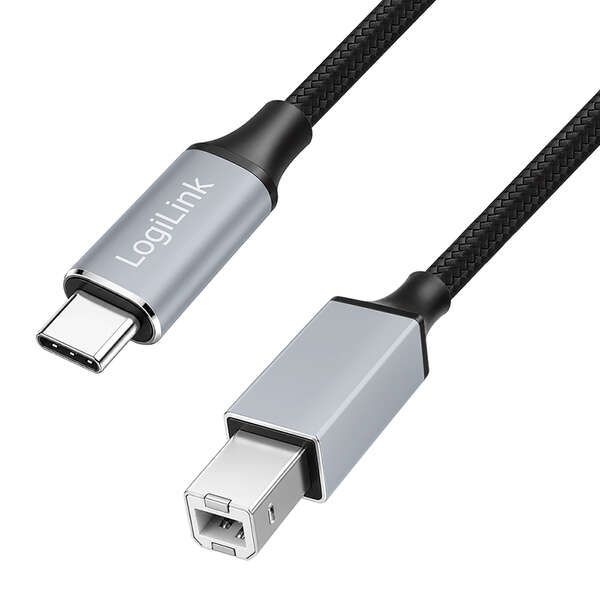 Naar omschrijving van CU0516 - USB 2.0 Type-C cable, C/M to B/M, 480 Mbps, nylon, metal, black/silver, 3 m