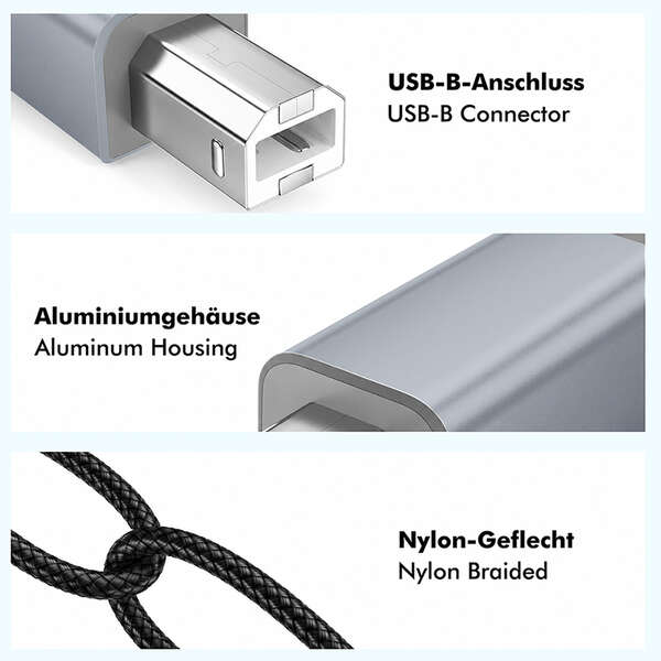 Naar omschrijving van CU0515 - USB 2.0 Type-C cable, C/M to B/M, 480 Mbps, nylon, metal, black/silver, 2 m