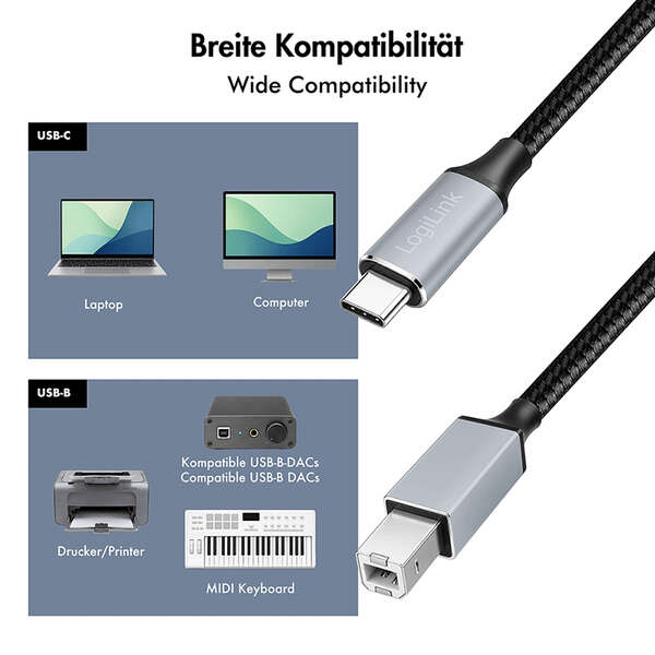 Naar omschrijving van CU0515 - USB 2.0 Type-C cable, C/M to B/M, 480 Mbps, nylon, metal, black/silver, 2 m