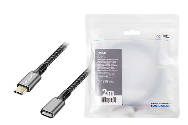 Naar omschrijving van CUA0109 - USB 3.2 Gen1 Type-C cable, C/M to USB-C/F, PD, alu, black/grey, 2 m