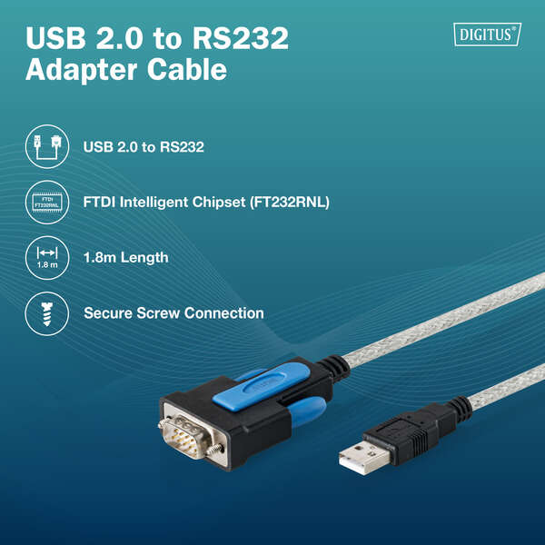 Naar omschrijving van DA-70170 - USB to DB9 RS232 cable with FT232RNL Chipset Transparent PVC Jacket, 1.8 m