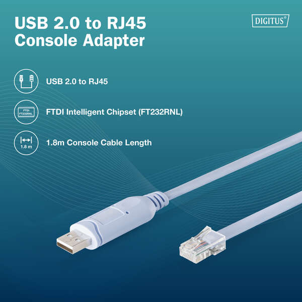 Naar omschrijving van DA-70173 - USB to RJ45 Console Cable 1.8m FT232RNLchipset, light blue, switch, router