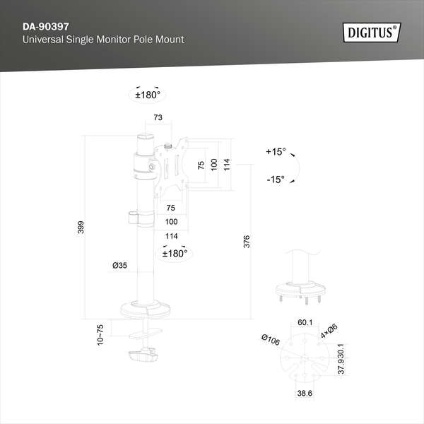 Naar omschrijving van DA-90397 - Single Monitor Pole Mount 15-32
