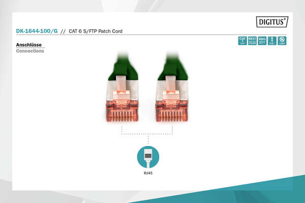 Naar omschrijving van DK-1644-100-G - CAT 6 S-FTP patch cord, Cu, LSZH AWG 27/7, length 10 m, color green