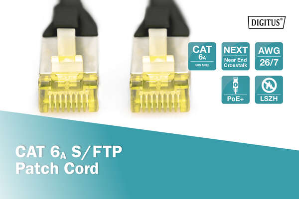 Naar omschrijving van DK-1644-A-005-BL - CAT 6A S-FTP patch cord, Cu, LSZH AWG 26/7, length 0.5 m, color black
