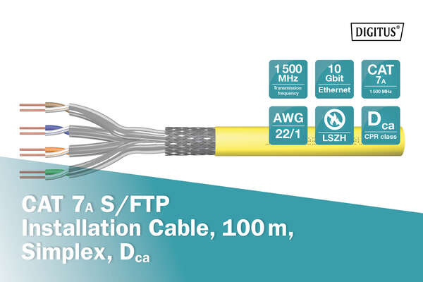 Naar omschrijving van DK-1743-A-VH-1 - CAT 7A S-FTP installation cable, 1500 MHz Dca, AWG 22/1, 100 m ring, Sx, RAL 1016