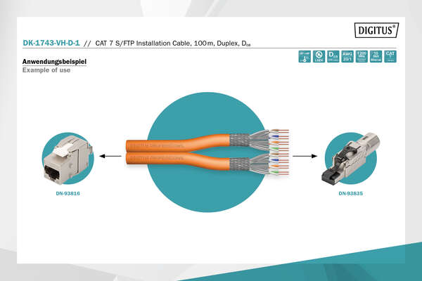 Naar omschrijving van DK-1743-VH-D-1 - CAT 7 S-FTP installation cable, 1200 MHz Dca (EN 50575), AWG 23/1, 100 m ring, Dx, orange