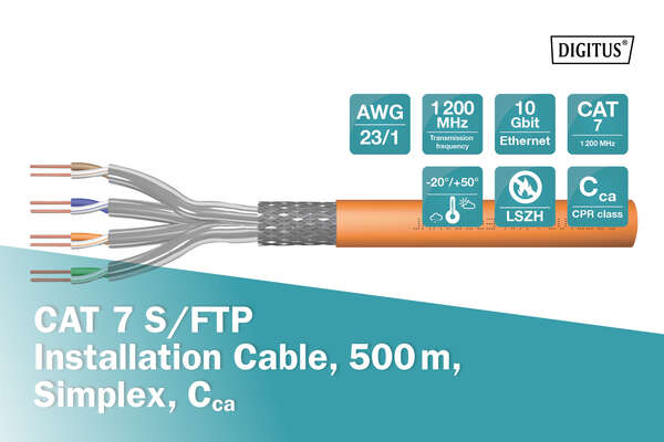 Naar omschrijving van DK-1744-VH-5 - CAT 7 S-FTP installation cable, 1200 MHz Cca (EN 50575), AWG 23/1, 500 m drum, SX, orange
