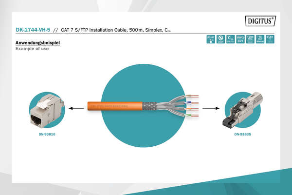 Naar omschrijving van DK-1744-VH-5 - CAT 7 S-FTP installation cable, 1200 MHz Cca (EN 50575), AWG 23/1, 500 m drum, SX, orange