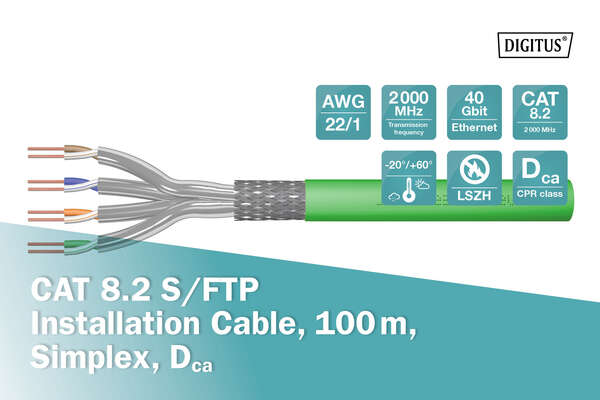 Naar omschrijving van DK-1843-VH-1 - CAT 8.2 S-FTP installation cable,2000 MHz,AWG 22/1 Dca, 100 m, ring, Green