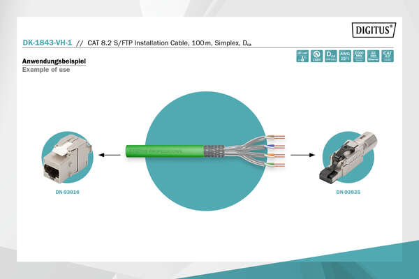 Naar omschrijving van DK-1843-VH-1 - CAT 8.2 S-FTP installation cable,2000 MHz,AWG 22/1 Dca, 100 m, ring, Green