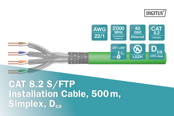 Naar omschrijving van DK-1843-VH-5 - CAT 8.2 S-FTP installationcable, 2000 MHz,AWG 22/1 Dca, 500 m, drum, Green