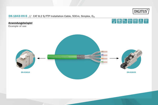 Naar omschrijving van DK-1843-VH-5 - CAT 8.2 S-FTP installationcable, 2000 MHz,AWG 22/1 Dca, 500 m, drum, Green