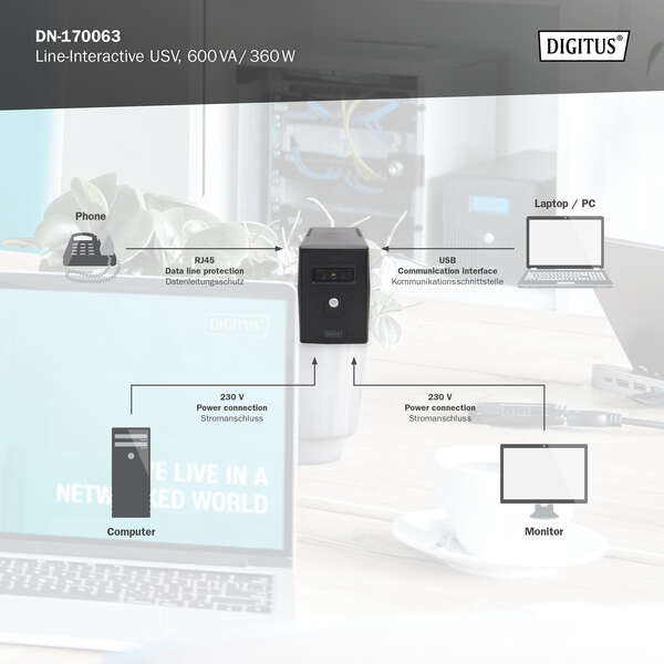 Naar omschrijving van DN-170063 - Line-Interactive UPS, 600VA/360W 12V/7Ah x1 battery,2x CEE 7/7 outlet,RJ-11,LED