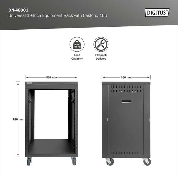 Naar omschrijving van DN-48001 - Universal 19-Inch Equipment Rack with Castors, 16U