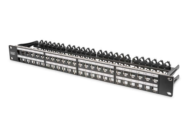 Naar omschrijving van DN-91424 - Modular Patch Panel, shielded, 48-port label field, 1U, rack mount, black RAL 9005