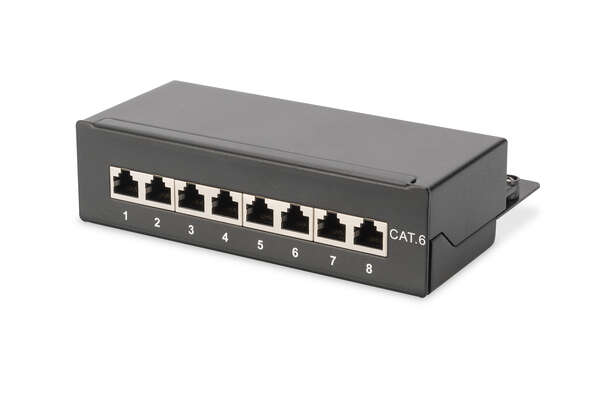 Naar omschrijving van DN-91608SD - Desktop CAT 6 Patch Panel, shielded Class E, 8-port RJ45, 8P8C, LSA, black, 482x44x109