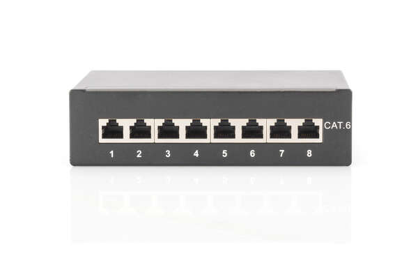 Naar omschrijving van DN-91608SD - Desktop CAT 6 Patch Panel, shielded Class E, 8-port RJ45, 8P8C, LSA, black, 482x44x109